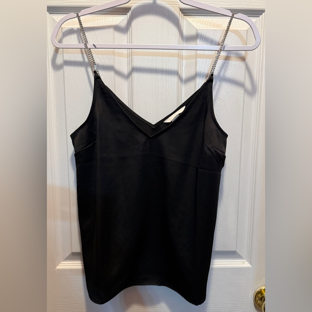 H&M Black Satin V-Neck Cami with Chain Straps